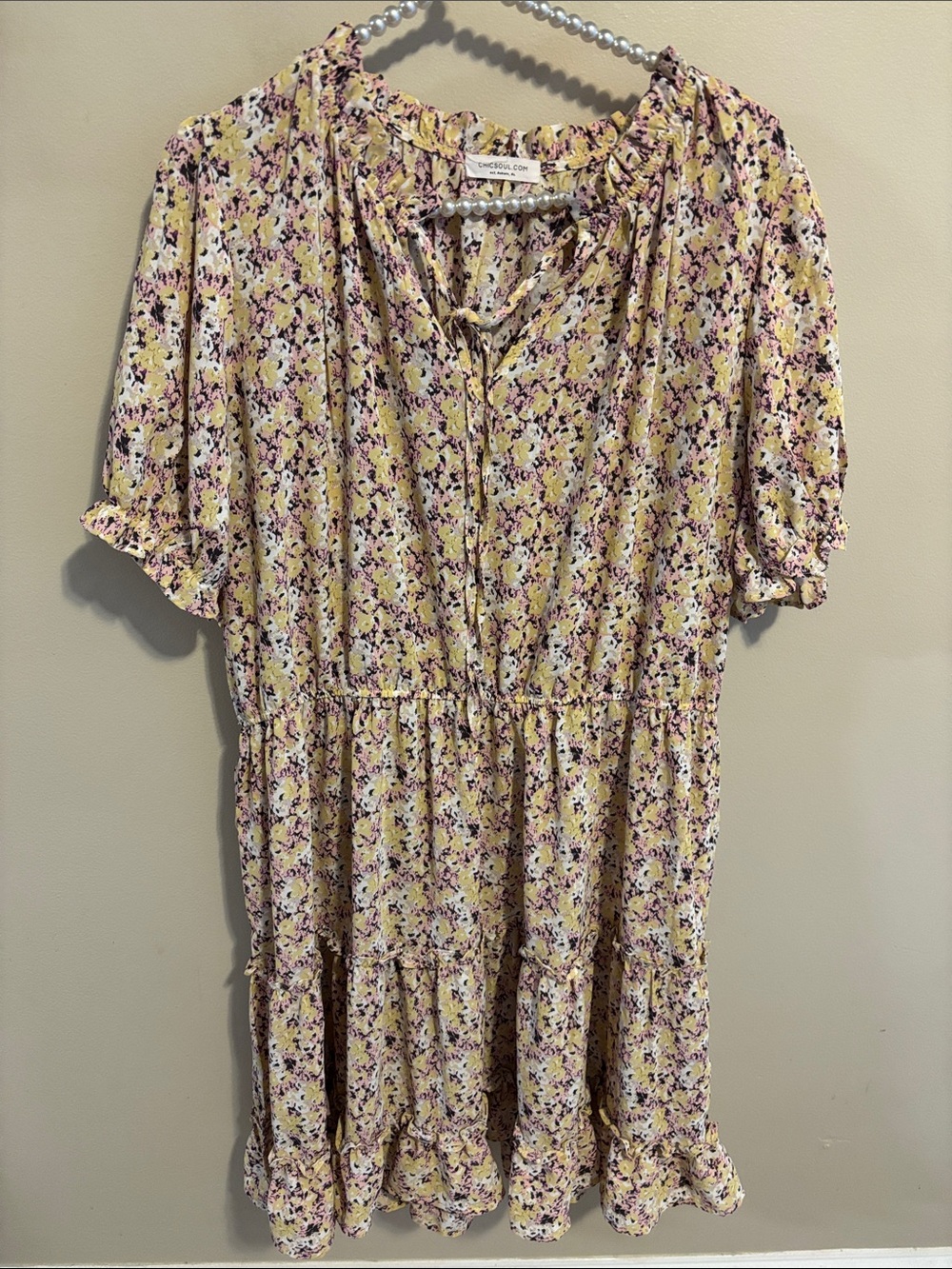Chic Soul Plus Size 1X Dress Yellow Pink Floral Tiered Ruffle Smocked Boho